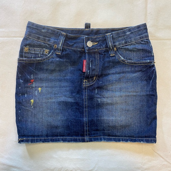 DSQUARED2 Dresses & Skirts - Dsquared2 Distressed Dark Wash Denim Mini Skirt Embroidered High Waist Y2K